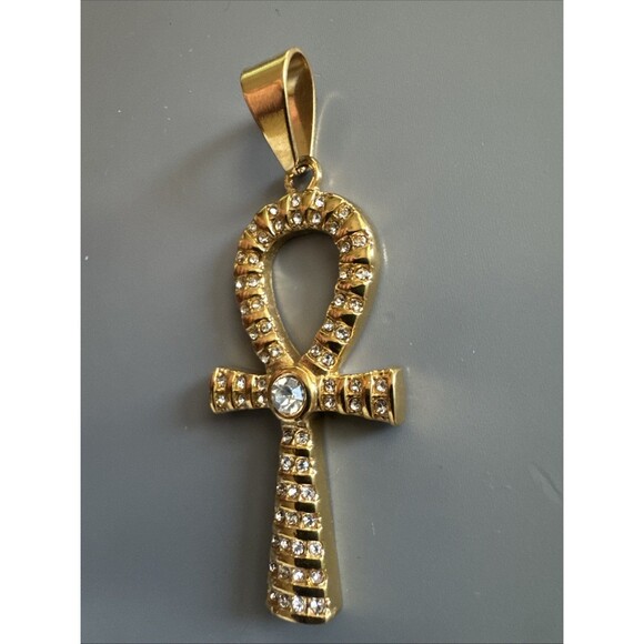 Gold Plated Cubic Zirconia Stainless Steel Egyptian Ankh Cross Pendant Necklace - Picture 2 of 6